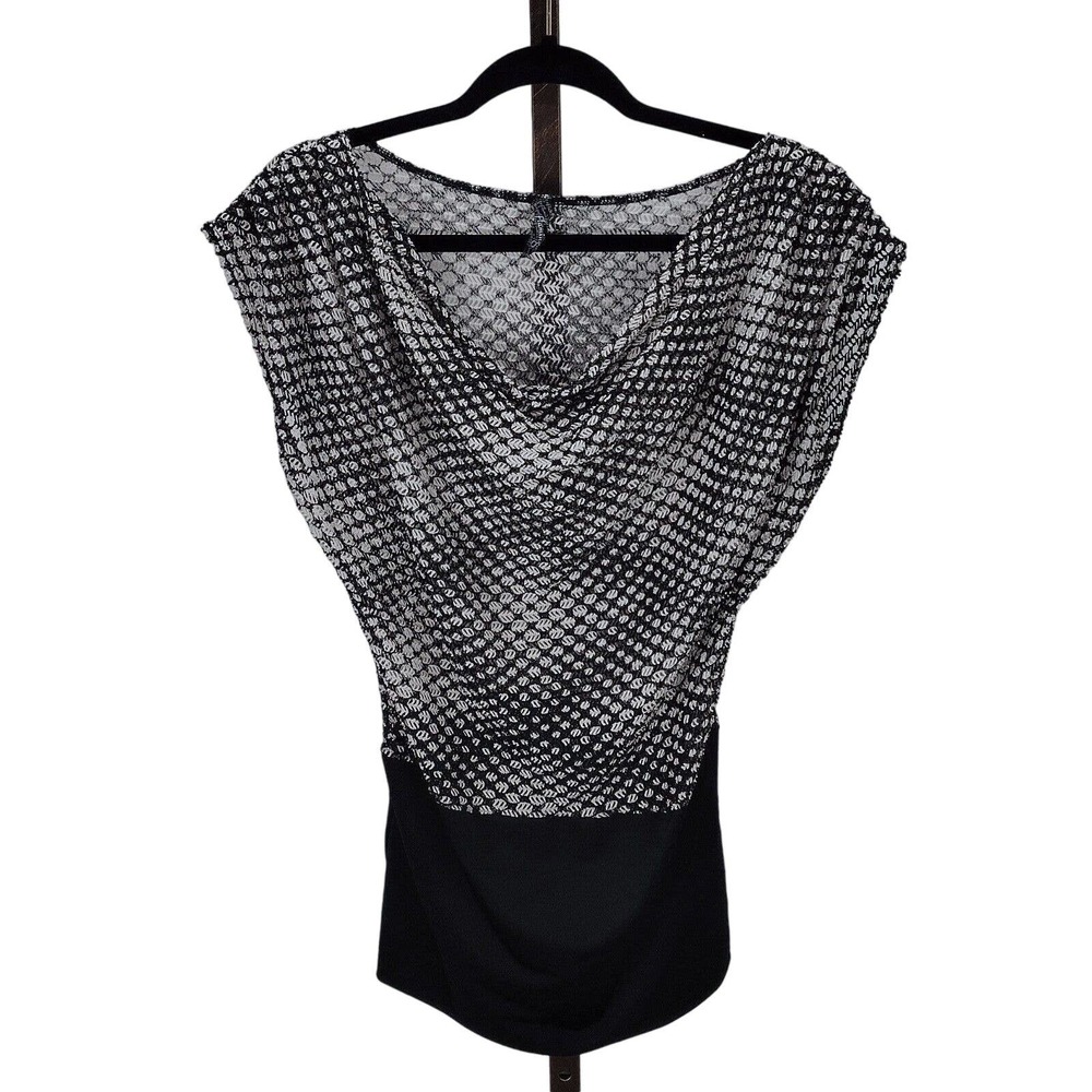 Flamingo Women's Blouse Drape Asymmetric White Black Geometric Dot Sheer Size M